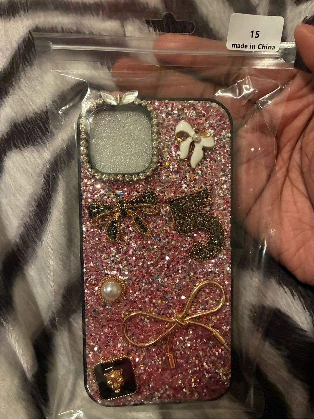 Glitter Pink Decorative Phone Case with Gold Accents
